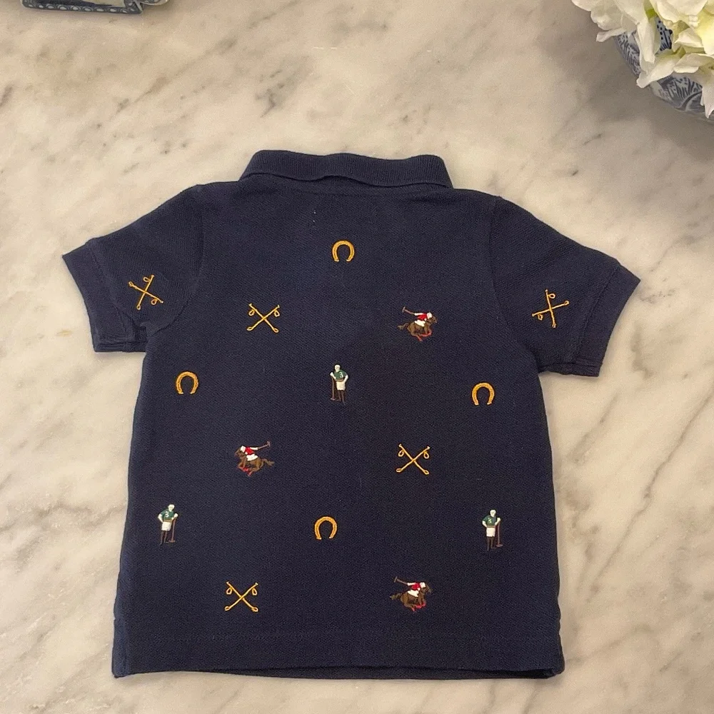 Ralph Lauren Navy Polo Knit with Polo Players, Horses & Horseshoes Shirt Size 6M